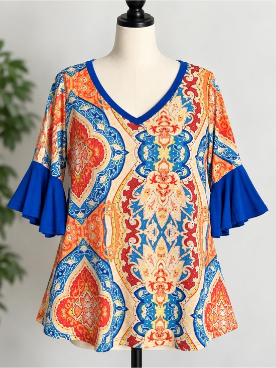 R. Rouge Tops - R. Rouge 3X Paisley Tunic Top Blue Orange Bell Sleeve V Neck Boho